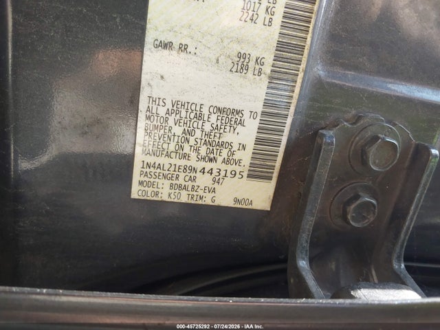 2009 Nissan Altima 2.5 S მანქანა იყიდება აუქციონზე, vin: 1N4AL21E89N443195, აუქციონის ნომერი: 45725292