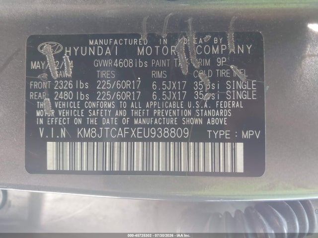 Продаж на аукціоні авто 2014 Hyundai Tucson Gls, vin: KM8JTCAFXEU938809, номер лоту: 45725302
