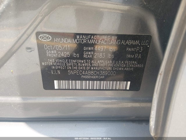 Aukcja sprzedaży 2012 Hyundai Sonata Limited 2.0t, vin: 5NPEC4AB8CH389000, numer aukcji: 45725304