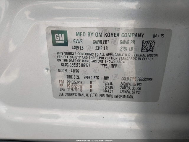 45725305 :رقم المزاد ، KL4CJGSB2FB182177 vin ، 2015 Buick Encore Leather مزاد بيع
