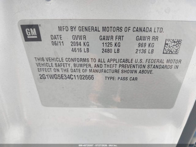 Продажа на аукционе авто 2012 Chevrolet Impala Lt, vin: 2G1WG5E34C1102666, номер лота: 45725307