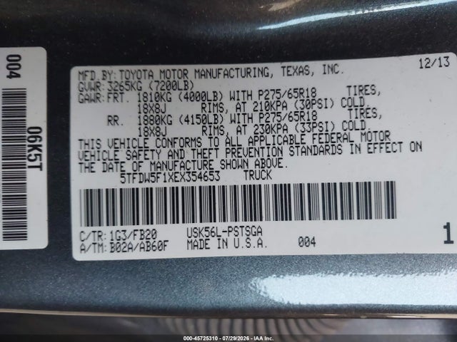 45725310 :رقم المزاد ، 5TFDW5F1XEX354653 vin ، 2014 Toyota Tundra Sr5 5.7l V8 مزاد بيع