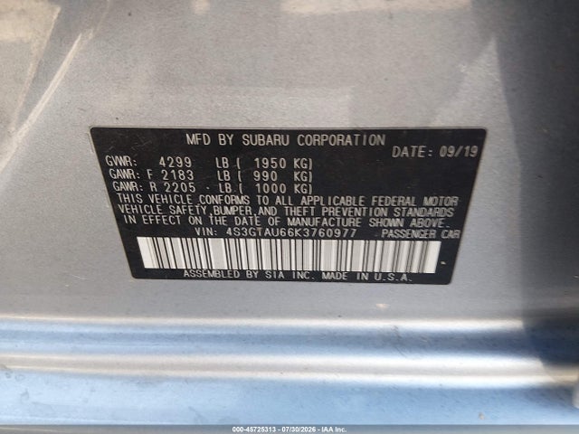 Продаж на аукціоні авто 2019 Subaru Impreza 2.0i Limited, vin: 4S3GTAU66K3760977, номер лоту: 45725313