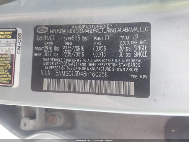 45725321 :رقم المزاد ، 5NMSG13D48H160256 vin ، 2008 Hyundai Santa Fe Gls مزاد بيع