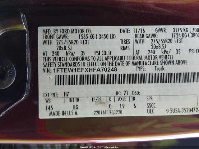 45725324 :رقم المزاد ، 1FTEW1EFXHFA70248 vin ، 2017 Ford F-150 Lariat مزاد بيع