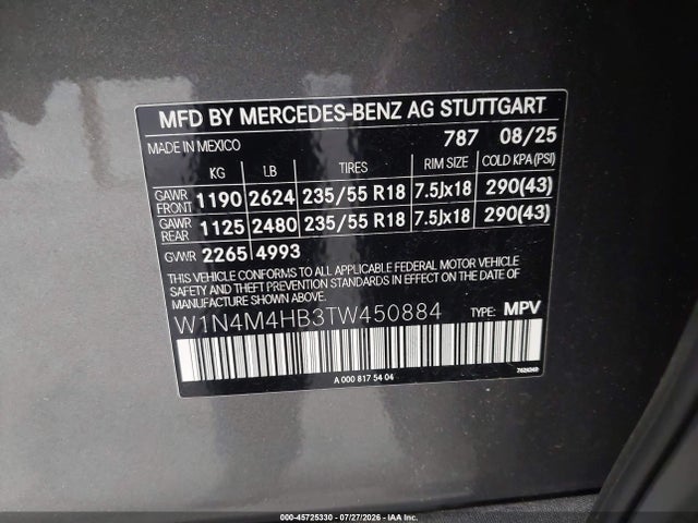2026 Mercedes-benz Glb 250 4matic მანქანა იყიდება აუქციონზე, vin: W1N4M4HB3TW450884, აუქციონის ნომერი: 45725330