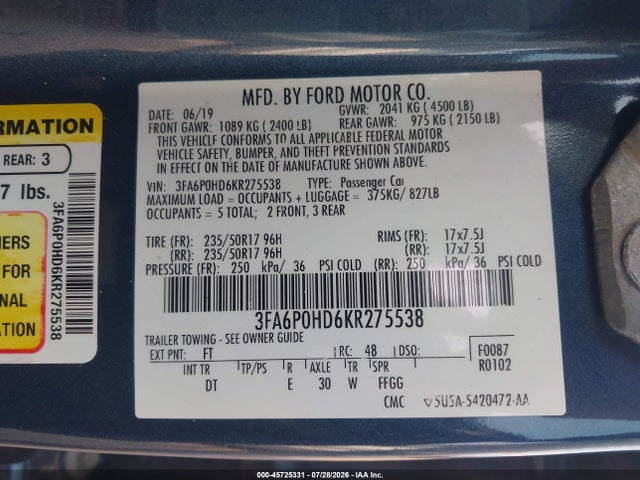 2019 Ford Fusion Se მანქანა იყიდება აუქციონზე, vin: 3FA6P0HD6KR275538, აუქციონის ნომერი: 45725331