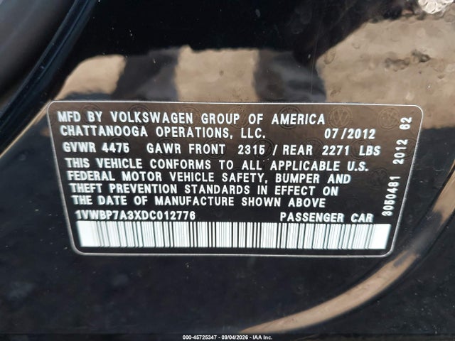 2013 Volkswagen Passat 2.5l Se მანქანა იყიდება აუქციონზე, vin: 1VWBP7A3XDC012776, აუქციონის ნომერი: 45725347