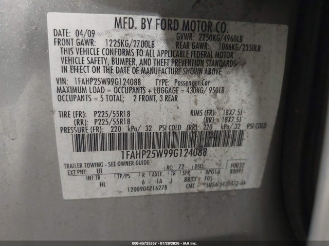 45725357 :رقم المزاد ، 1FAHP25W99G124088 vin ، 2009 Ford Taurus Limited مزاد بيع