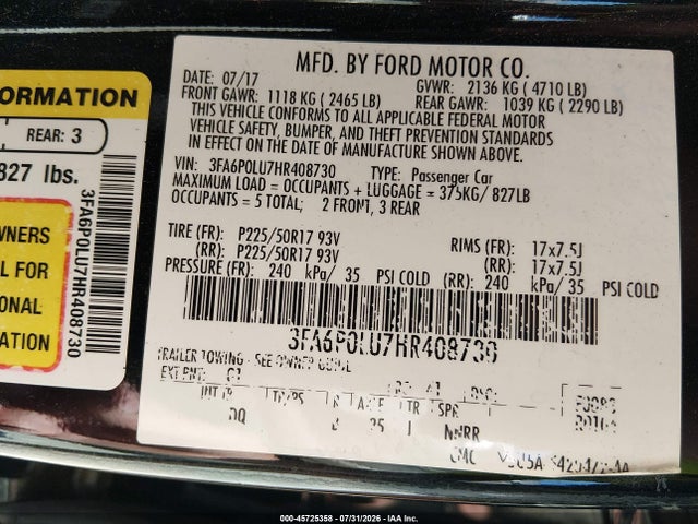 Продаж на аукціоні авто 2017 Ford Fusion Hybrid Se, vin: 3FA6P0LU7HR408730, номер лоту: 45725358