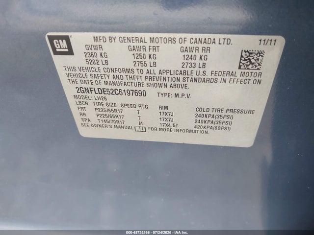 2012 Chevrolet Equinox Lt W/1lt მანქანა იყიდება აუქციონზე, vin: 2GNFLDE52C6197690, აუქციონის ნომერი: 45725366