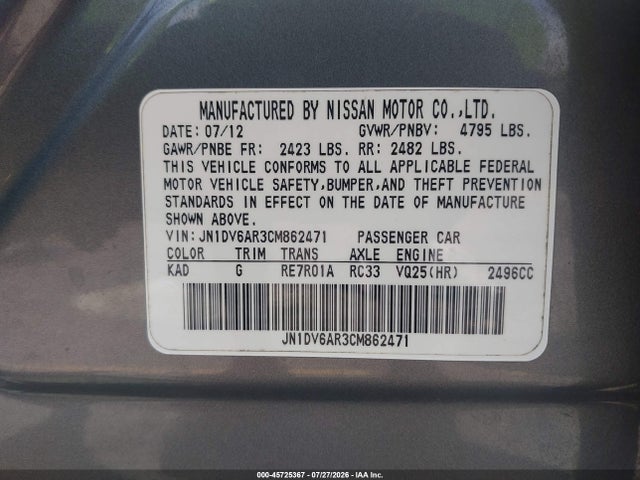 2012 Infiniti G25x მანქანა იყიდება აუქციონზე, vin: JN1DV6AR3CM862471, აუქციონის ნომერი: 45725367