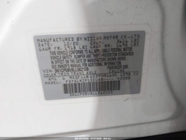 45725368 :رقم المزاد ، 3N1CP5BV8LL562155 vin ، 2020 Nissan Kicks S Xtronic Cvt مزاد بيع
