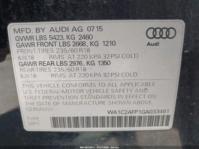 Продаж на аукціоні авто 2016 Audi Q5 2.0t Premium, vin: WA1C2AFP1GA033461, номер лоту: 45725371