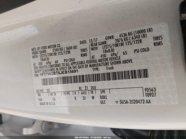 Auction sale of the 2018 Ford F-250 Lariat, vin: 1FT7W2BT6JEB15691, lot number: 45725384