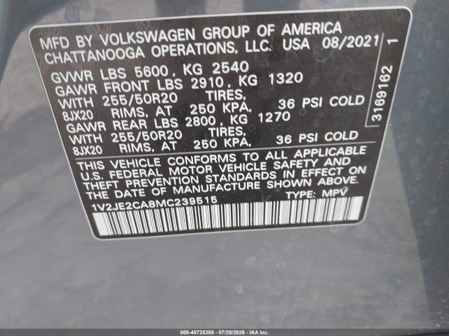2021 Volkswagen Atlas Cross Sport 3.6l V6 Se W/technology მანქანა იყიდება აუქციონზე, vin: 1V2JE2CA8MC239515, აუქციონის ნომერი: 45725388