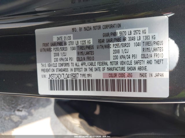 Aukcja sprzedaży 2020 Mazda Cx-9 Grand Touring, vin: JM3TCADY7L0416987, numer aukcji: 45725392