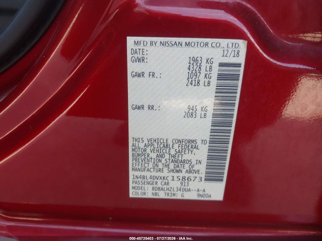 Продажа на аукционе авто 2019 Nissan Altima 2.5 Sv, vin: 1N4BL4DVXKC158673, номер лота: 45725403