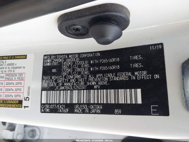 Aukcja sprzedaży 2020 Lexus Gx 460 Premium, vin: JTJAM7BX3L5250347, numer aukcji: 45725419