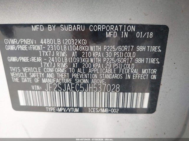45725420 :رقم المزاد ، JF2SJAEC5JH537028 vin ، 2018 Subaru Forester 2.5i Premium مزاد بيع