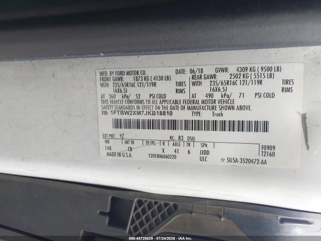 Продаж на аукціоні авто 2018 Ford Transit-350, vin: 1FTBW2XM7JKB18810, номер лоту: 45725429