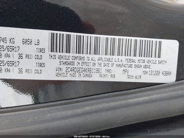 Aukcja sprzedaży 2019 Dodge Grand Caravan Gt, vin: 2C4RDGEG4KR611961, numer aukcji: 45725435