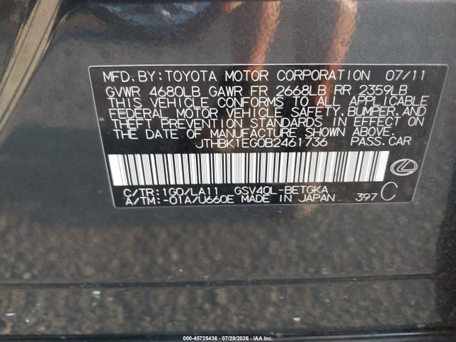 45725436 :رقم المزاد ، JTHBK1EG0B2461736 vin ، 2011 Lexus Es 350 مزاد بيع