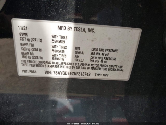 45725438 :رقم المزاد ، 7SAYGDEE2NF313749 vin ، 2022 Tesla Model Y Long Range Dual Motor All-wheel Drive مزاد بيع