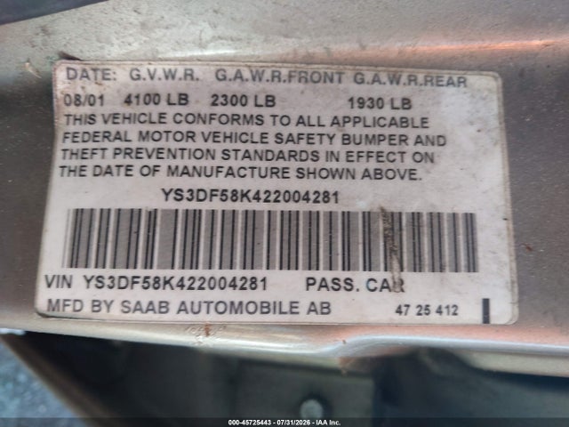 45725443 :رقم المزاد ، YS3DF58K422004281 vin ، 2002 Saab 9-3 Se مزاد بيع