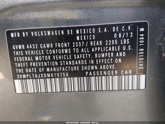 2013 Volkswagen Jetta Sportwagen 2.0l Tdi მანქანა იყიდება აუქციონზე, vin: 3VWPL7AJXDM619758, აუქციონის ნომერი: 45725448