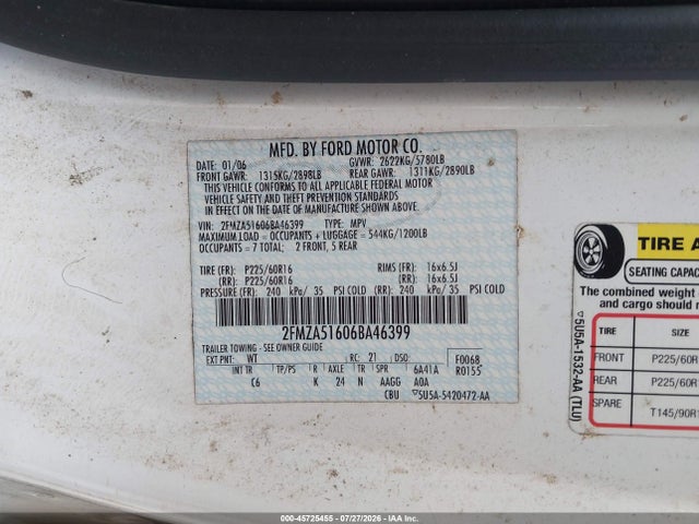 Продаж на аукціоні авто 2006 Ford Freestar Se, vin: 2FMZA51606BA46399, номер лоту: 45725455