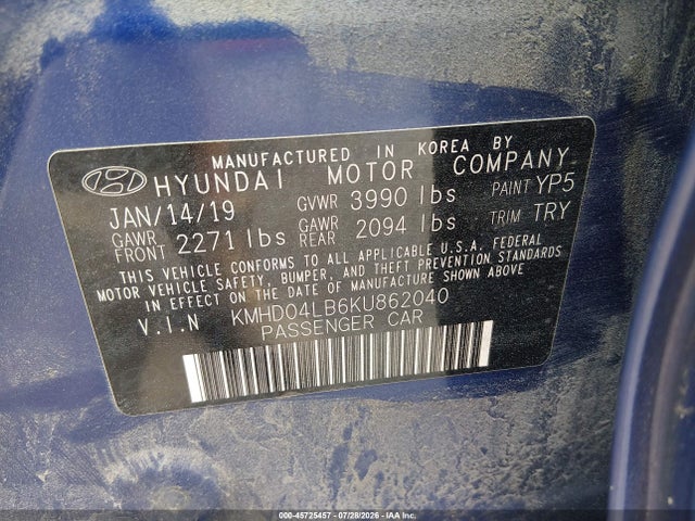 Продажа на аукционе авто 2019 Hyundai Elantra Sport, vin: KMHD04LB6KU862040, номер лота: 45725457