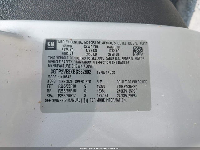 2011 Gmc Sierra 1500 Sle მანქანა იყიდება აუქციონზე, vin: 3GTP2VE3XBG332602, აუქციონის ნომერი: 45725477