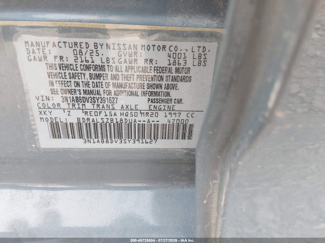 Продажа на аукционе авто 2025 Nissan Sentra Sr, vin: 3N1AB8DV3SY391627, номер лота: 45725504