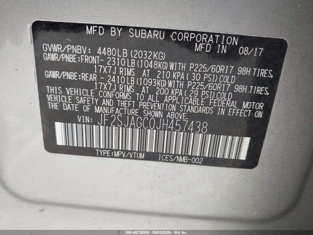 2018 Subaru Forester 2.5i Premium მანქანა იყიდება აუქციონზე, vin: JF2SJAGC0JH457438, აუქციონის ნომერი: 45725505