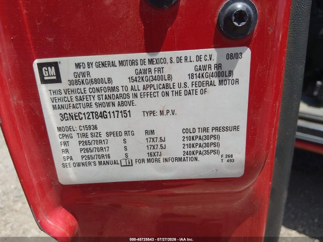 Aukcja sprzedaży 2004 Chevrolet Avalanche 1500, vin: 3GNEC12T84G117151, numer aukcji: 45725543