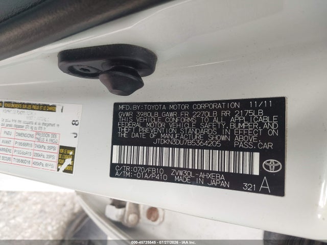 45725545 :رقم المزاد ، JTDKN3DU7B5364205 vin ، 2011 Toyota Prius Two مزاد بيع