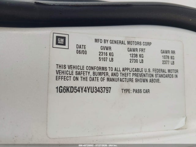 2000 Cadillac Deville Standard მანქანა იყიდება აუქციონზე, vin: 1G6KD54Y4YU343797, აუქციონის ნომერი: 45725582