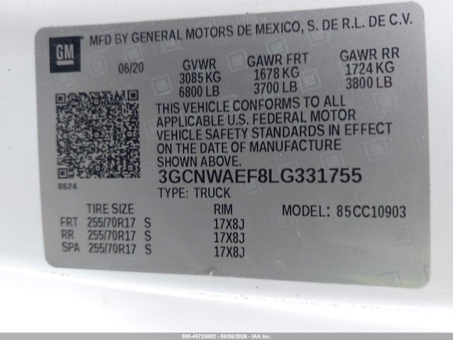 Aukcja sprzedaży 2020 Chevrolet Silverado 1500 2wd Regular Cab Long Bed Wt, vin: 3GCNWAEF8LG331755, numer aukcji: 45725592