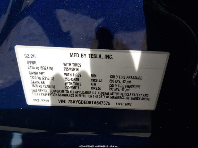 7SAYGDED8TA647575 Tesla Model Y Premium Rear-wheel Drive/rear-wheel Drive