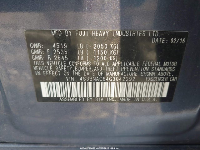 45725622 :رقم المزاد ، 4S3BNAC64G3042292 vin ، 2016 Subaru Legacy 2.5i Premium مزاد بيع