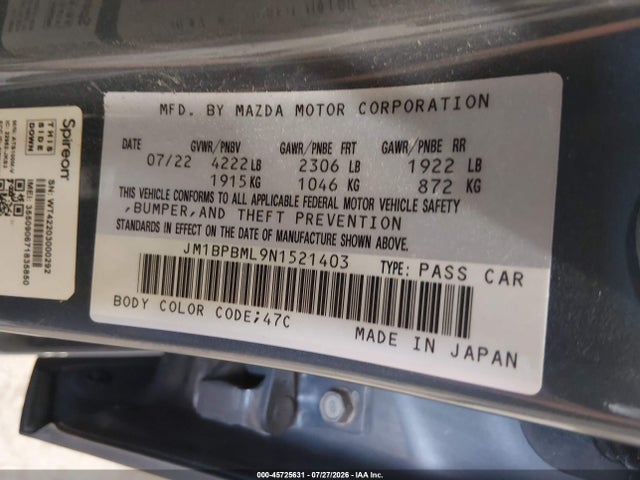 45725631 :رقم المزاد ، JM1BPBML9N1521403 vin ، 2022 Mazda Mazda3 Premium مزاد بيع