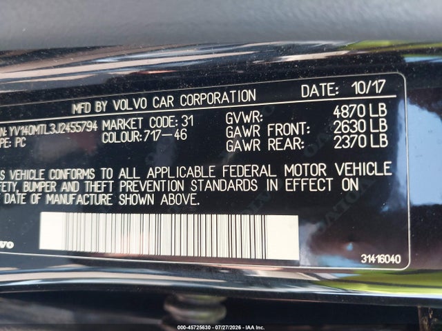 Aukcja sprzedaży 2018 Volvo S60 T5 Dynamic, vin: YV140MTL3J2455794, numer aukcji: 45725630