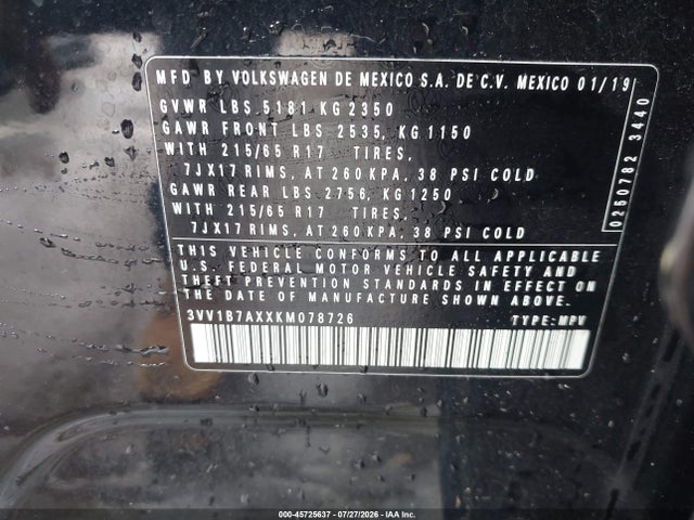 Продаж на аукціоні авто 2019 Volkswagen Tiguan 2.0t S, vin: 3VV1B7AXXKM078726, номер лоту: 45725637