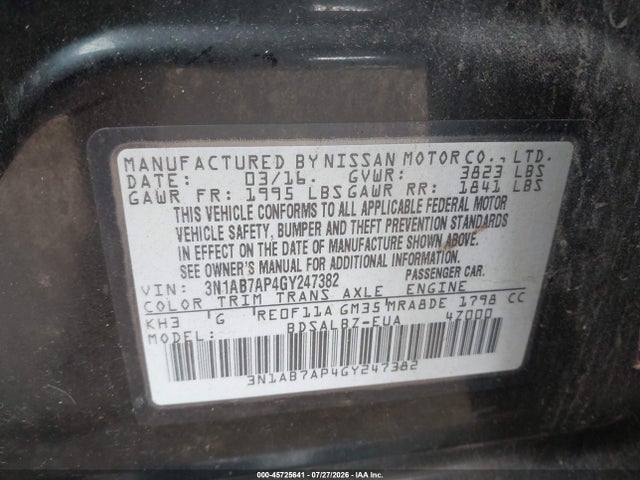 Aukcja sprzedaży 2016 Nissan Sentra Fe+ S/s/sl/sr/sv, vin: 3N1AB7AP4GY247382, numer aukcji: 45725641