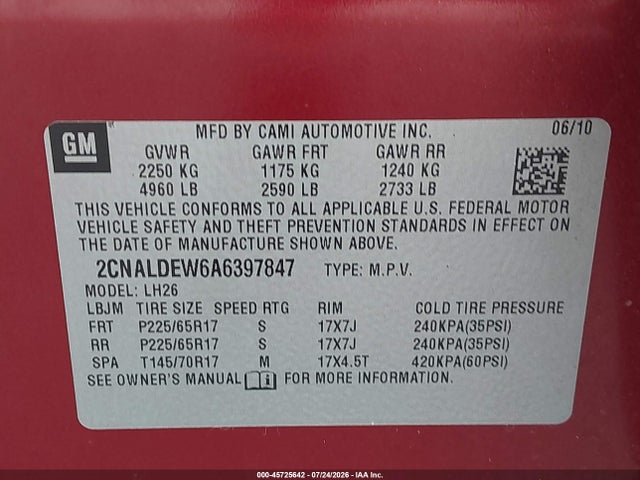 Aukcja sprzedaży 2010 Chevrolet Equinox Lt, vin: 2CNALDEW6A6397847, numer aukcji: 45725642