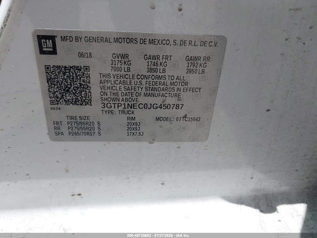 Aukcja sprzedaży 2018 Gmc Sierra 1500 Slt, vin: 3GTP1NEC0JG450787, numer aukcji: 45725652