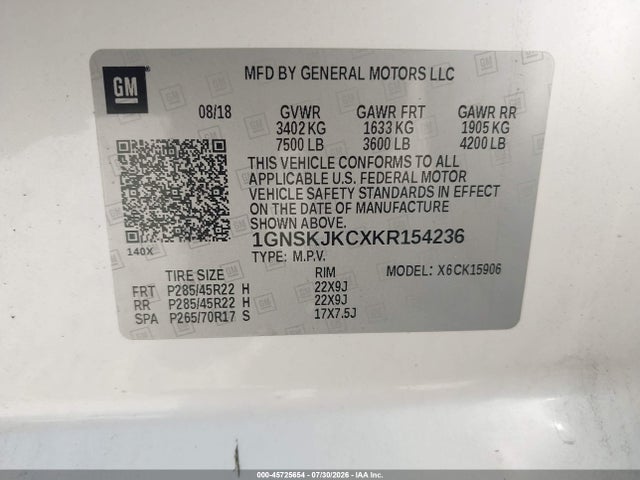 Продаж на аукціоні авто 2019 Chevrolet Suburban Premier, vin: 1GNSKJKCXKR154236, номер лоту: 45725654