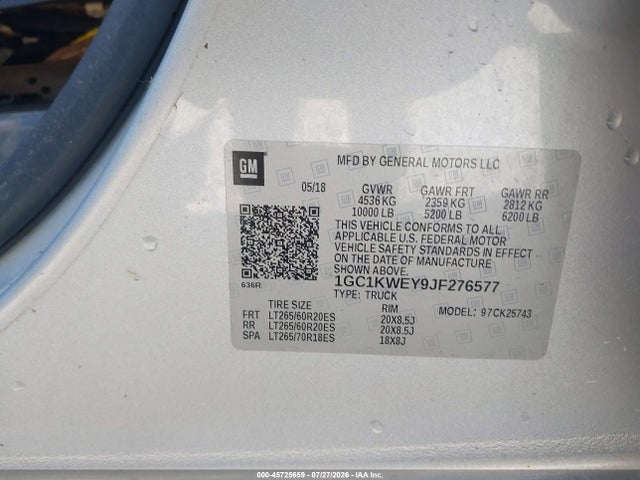 45725659 :رقم المزاد ، 1GC1KWEY9JF276577 vin ، 2018 Chevrolet Silverado 2500hd Ltz مزاد بيع
