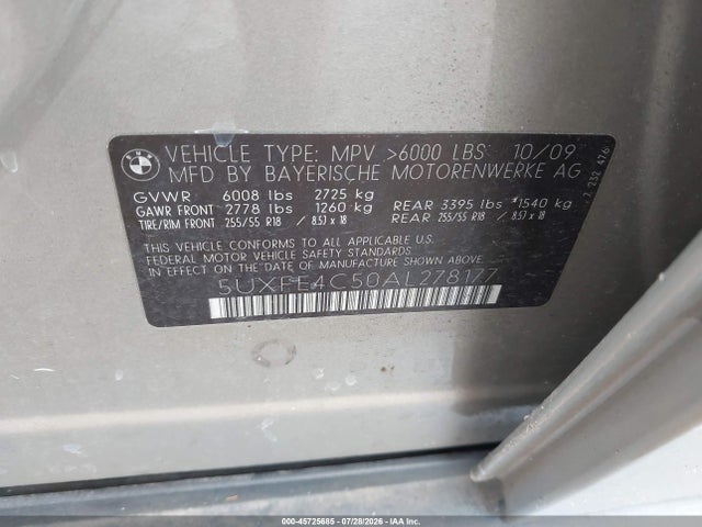 45725685 :رقم المزاد ، 5UXFE4C50AL278177 vin ، 2010 Bmw X5 Xdrive30i مزاد بيع
